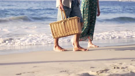 Mid-section-of-mature-couple-walking-on-the-sand