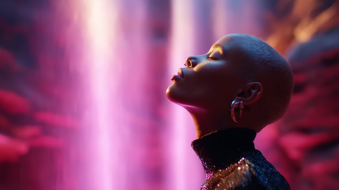 A mesmerizing portrait of a serene model showcasing elegance and grace against a backdrop of vibrant colored lights and flowing water, capturing tranquility and strength in harmony