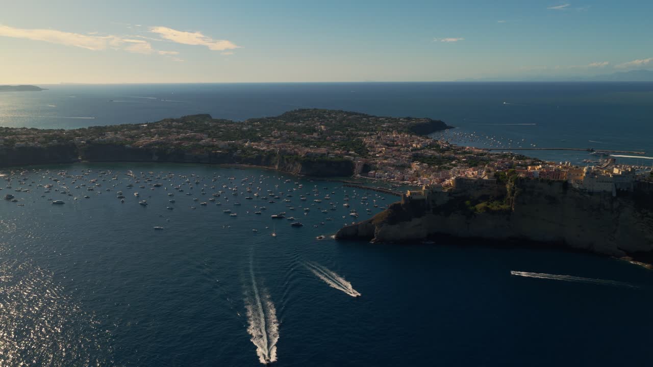 Panoramic Aerial View Of The Fishing Village Of Marina di Corricella On The Island Of Procida In The Gulf of Naples, Italy