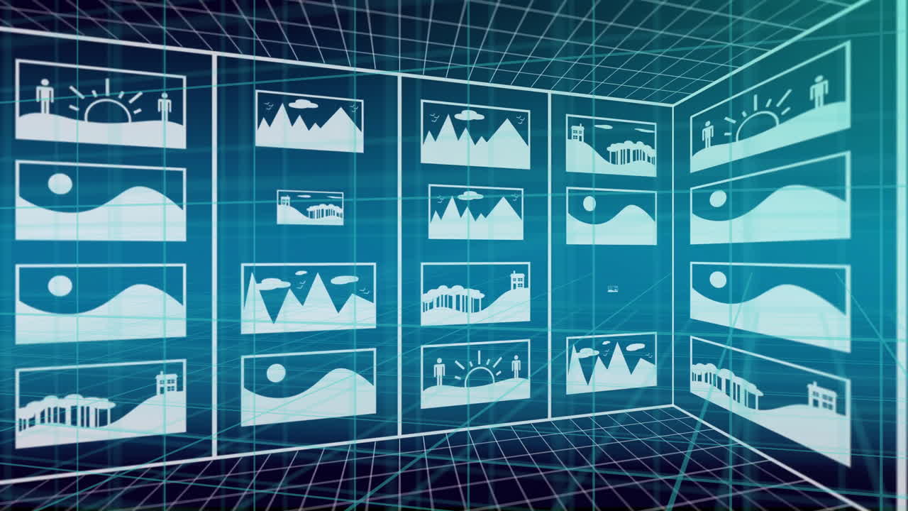 Grid of digital landscape images with futuristic animation over blue background