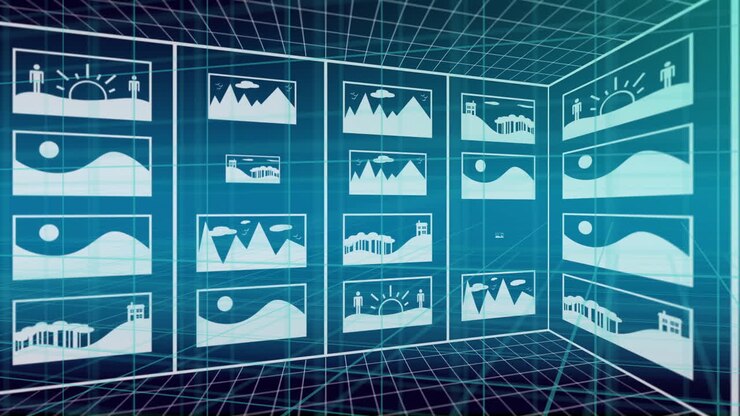 Grid of digital landscape images with futuristic animation over blue background
