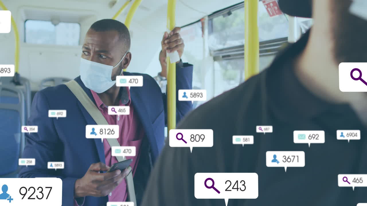 Wearing mask on bus, man surrounded by social media animation icons