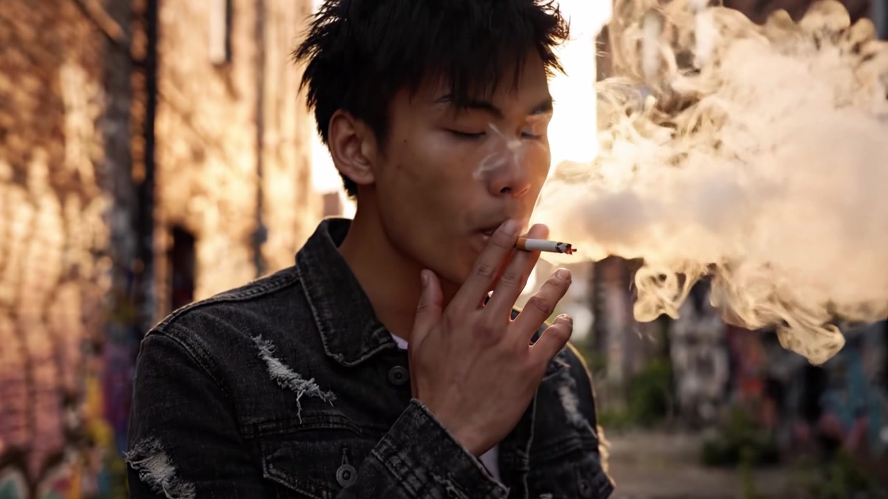 日当たりの良い路地裏に立つ物思いにふける若い男性が、煙を吐き出しながら内省の瞬間を捉えている。都市の落書きと温かい光に囲まれた情景。