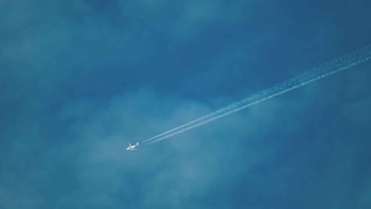 Distant view of a white plane flying in the blue sky