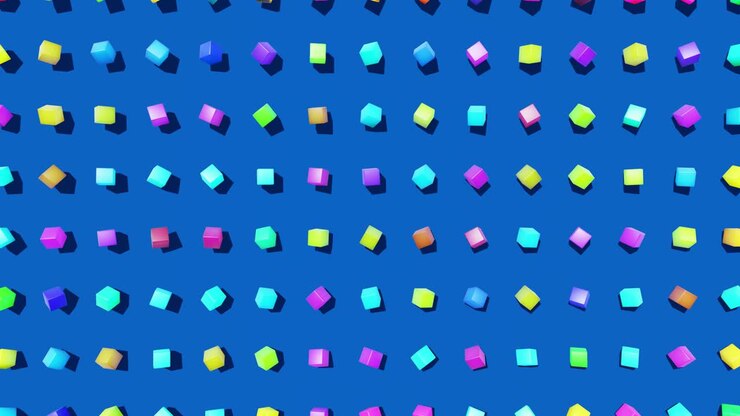 Random rotating cubes flash with neon light on plane. 3d abstract simple geometric background with multicolor cubes in 4k. Smooth looped animation. Creative simple motion design bg with 3d objects