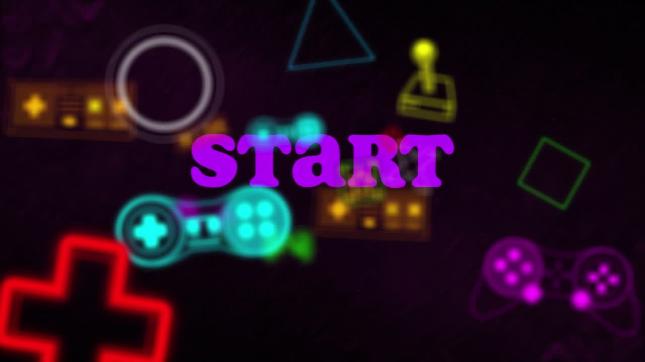 검은 바탕에 비디오 게임 컨셉 아이콘 위의 시작 텍스트 배너의 애니메이션