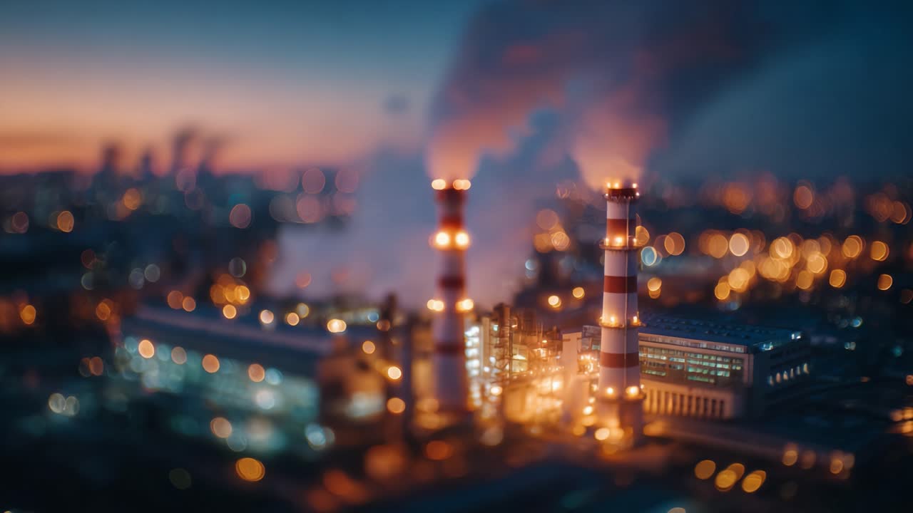 Scène industrielle avec émission de fumée des cheminées d’usine dans un paysage urbain au crépuscule, capturée en deux cadrages pour un contraste visuel efficace.