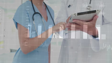 animation of data processing over diverse doctors discussing work in hospital