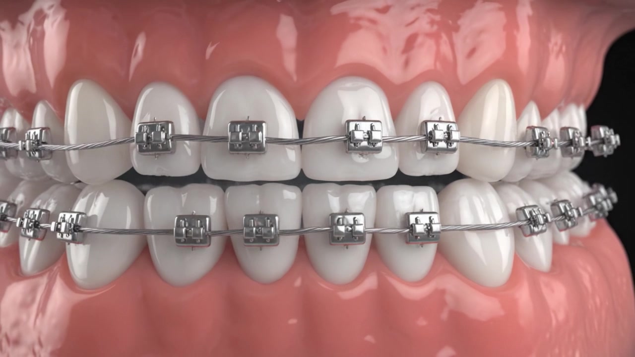 Detailed Visual Representation of Dental Braces on Teeth Demonstrating Orthodontic Treatment Effectiveness and Alignment Progress in Two Sequential Frames