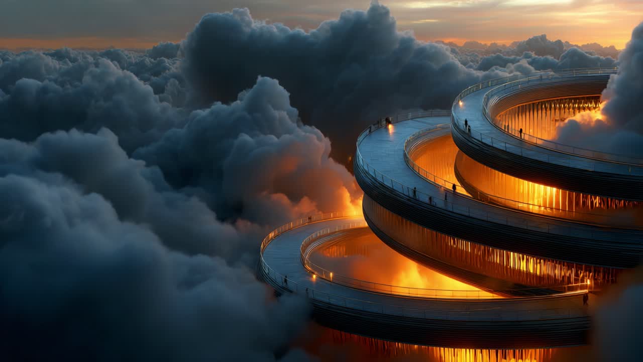 A Surreal Architectural Marvel: An Ethereal Spiral Structure Amidst Vibrant Clouds and Warm Glows Rising Above the Horizon, Capturing the Essence of Fantasy and Imagination at Twilight