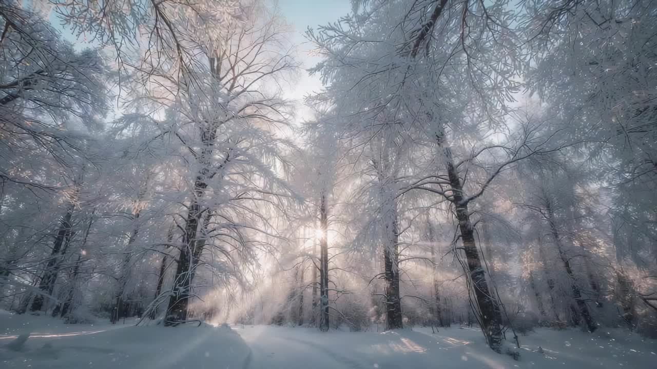 Rising low-angle sun piercing central snowy trees in morning woods, revealing misty light shafts