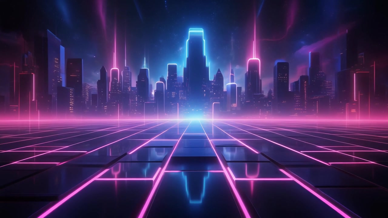 Paesaggio urbano neon futuristico con pavimento a griglia luminoso
