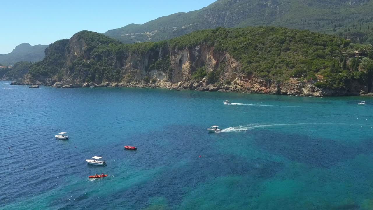 Exciting holiday water activities on beautiful Greek island Corfu AERIAL