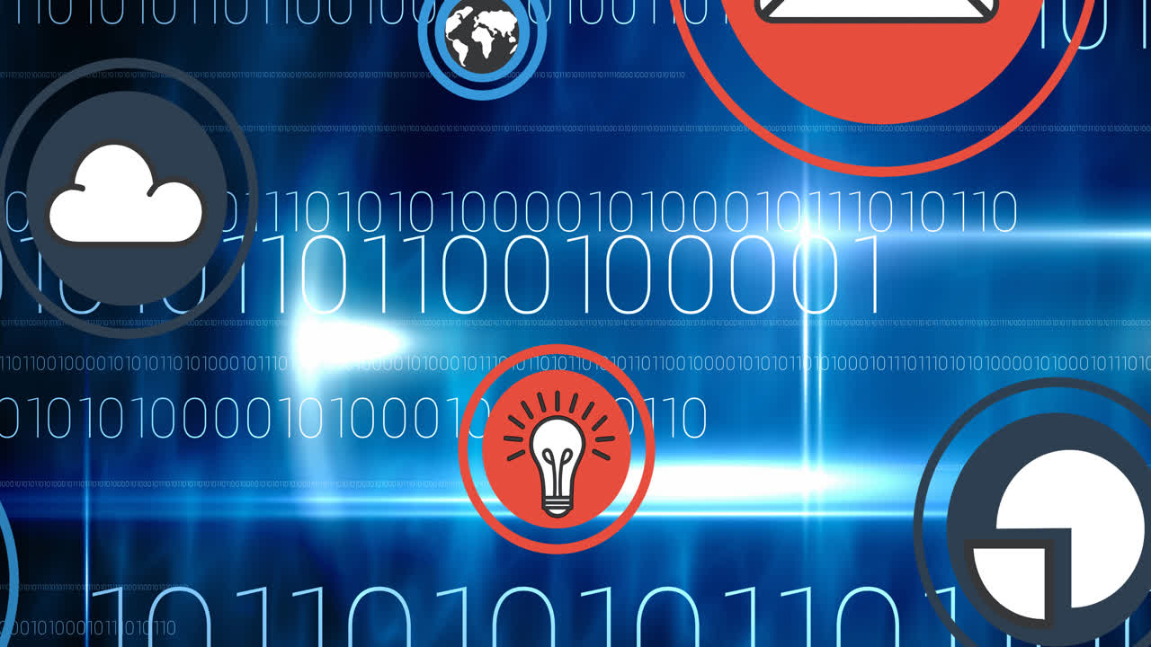 Animation of digital icons over binary coding in background