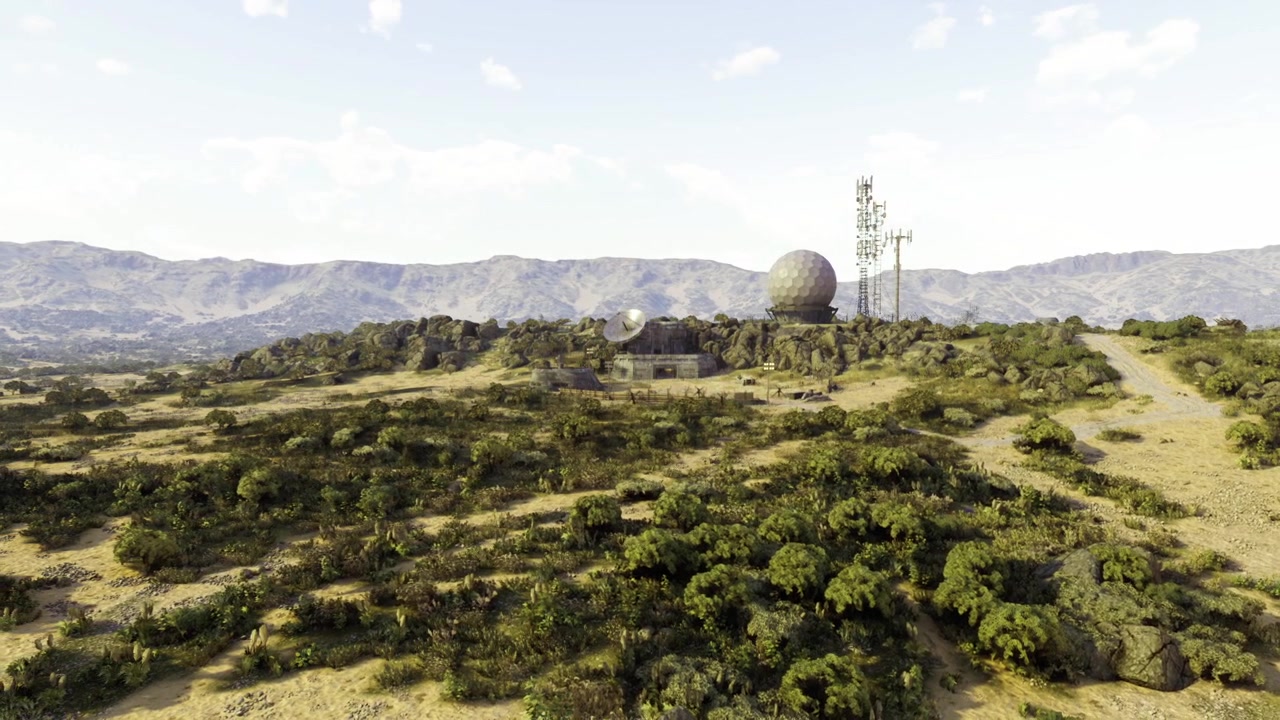 Hidden technology base surrounded by mountains in a tranquil landscape