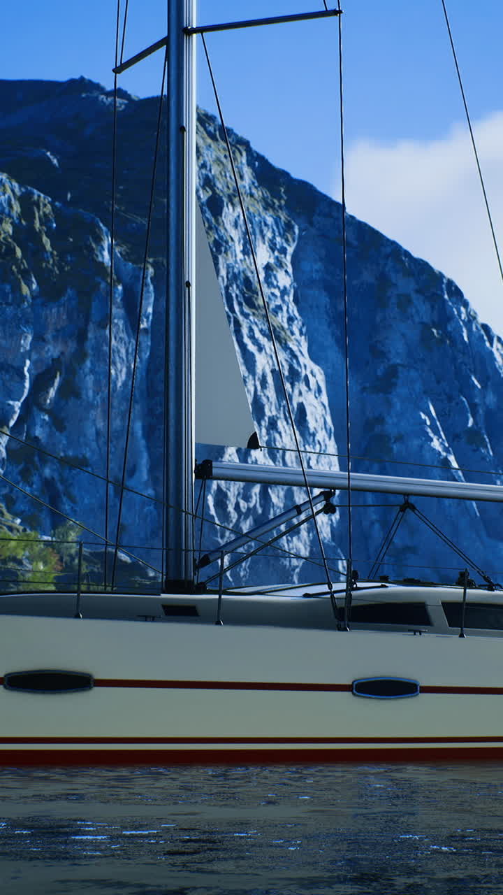 Sailboat anchored near rocky cliffs during clear sunny day