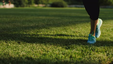 vista de cerca de los pies de la mujer jogger en entrenadores trotando en la hierba verde al aire libre