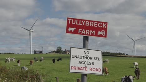 cows graze in a green field near wind turbines under a partly cloudy sky, with a farm entrance sign and private road warning in the foreground. static wide shot, natural daylight