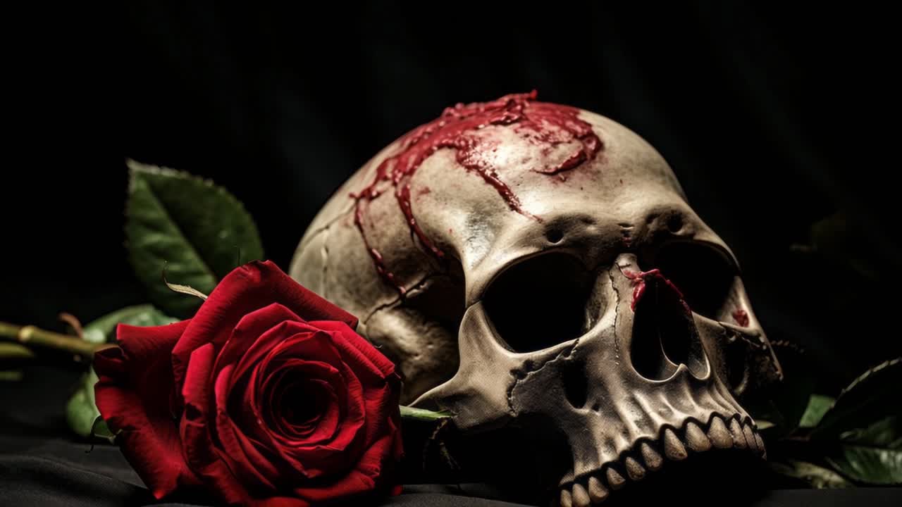 Still life depicting a bloody skull resting near a vibrant red rose on a dark background, creating a dramatic and symbolic contrast between life and death, beauty and decay