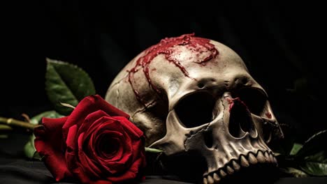 still life depicting a bloody skull resting near a vibrant red rose on a dark background, creating a dramatic and symbolic contrast between life and death, beauty and decay
