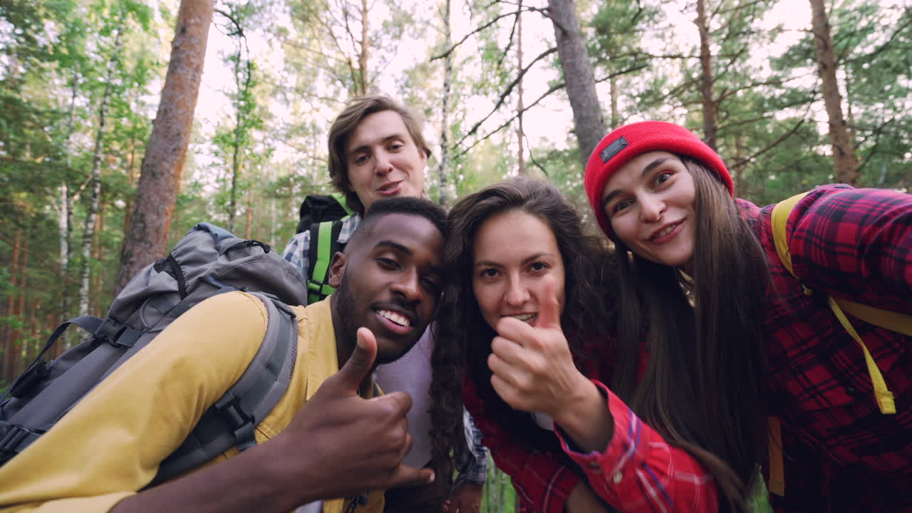 Friends Hiking in the Forest Taking a Selfie