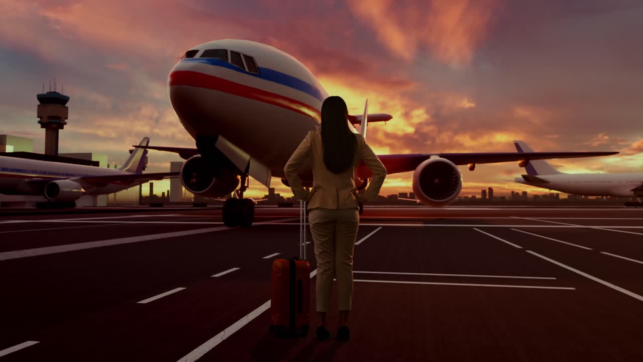 Vista posteriore a figura intera di una donna d'affari asiatica con valigia a rotelle che sale su un jet privato al tramonto, donna d'affari con le braccia sui fianchi che si guarda intorno in attesa del volo, aeroporto con aereo