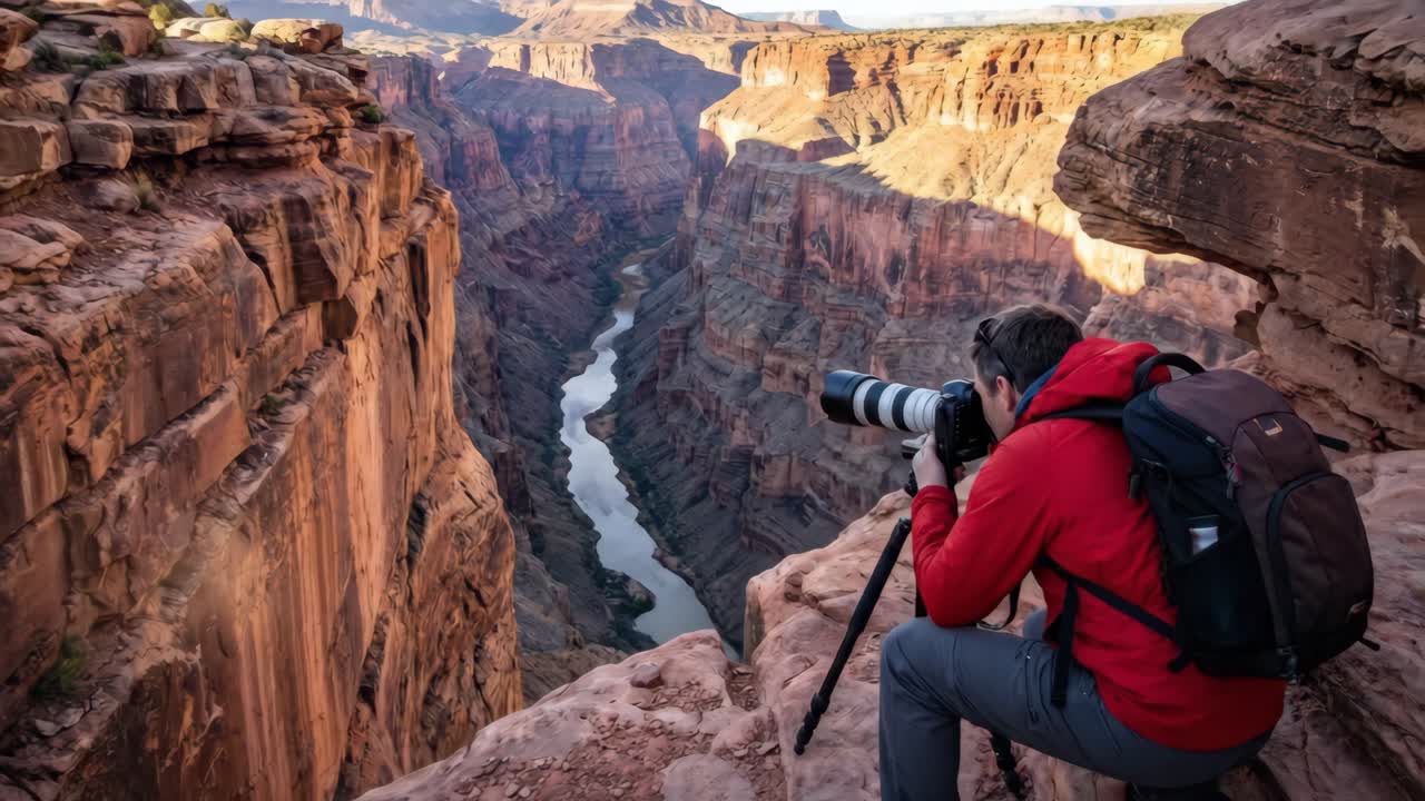 Man Photographing Majestic Grand Canyon Landscape with River