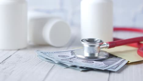 healthcare cost concept with us dollar , container and pills on table