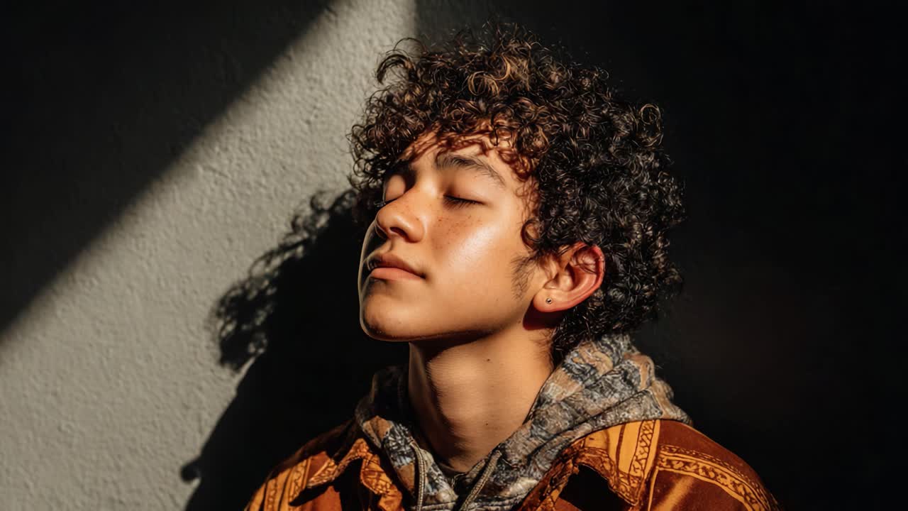 Un momento sereno catturato, che mostra un giovane con i capelli ricci godere pacificamente di luce e ombra, riflettendo introspezione e calma in un'atmosfera calda.