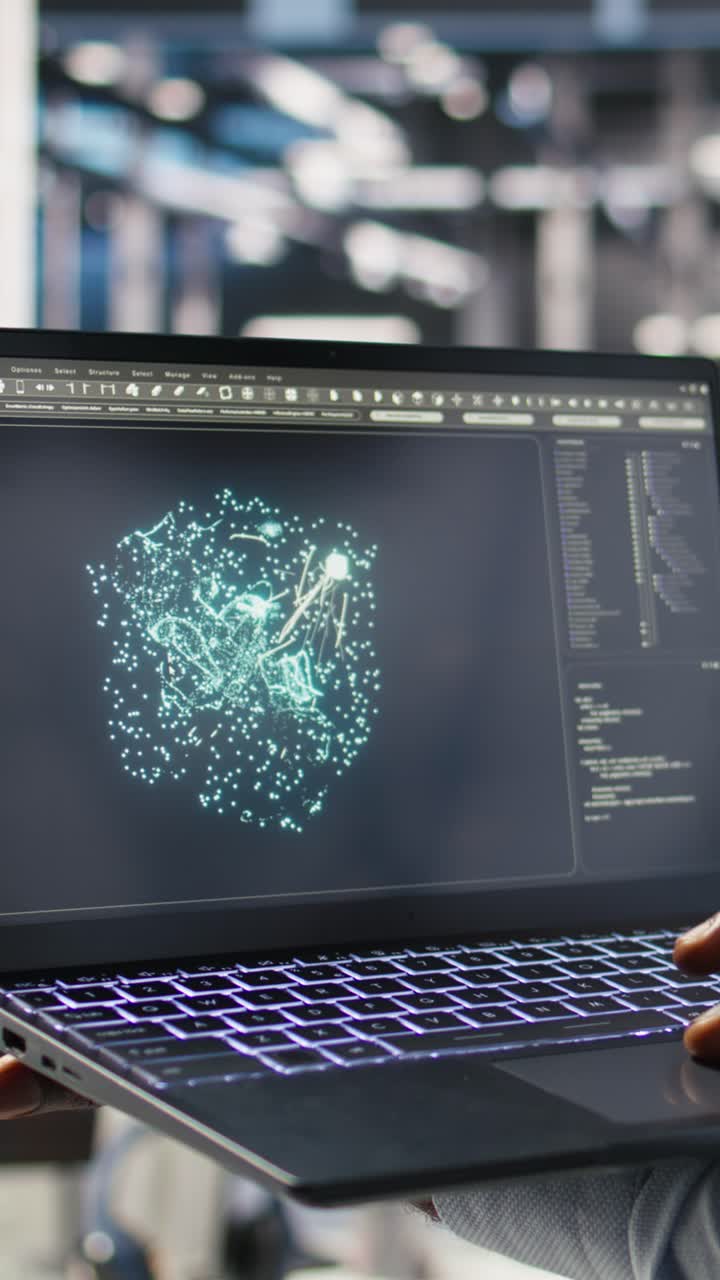 Vertical Video Close Up Of Data Center Worker Using Laptop To Interpret Ai Data Analytics