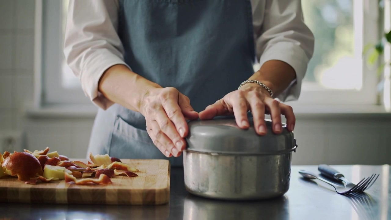 Cuoco con grembiule azzurro che sbuccia frutta, aprendo un contenitore di metallo accanto al tagliere e lasciando cadere le bucce