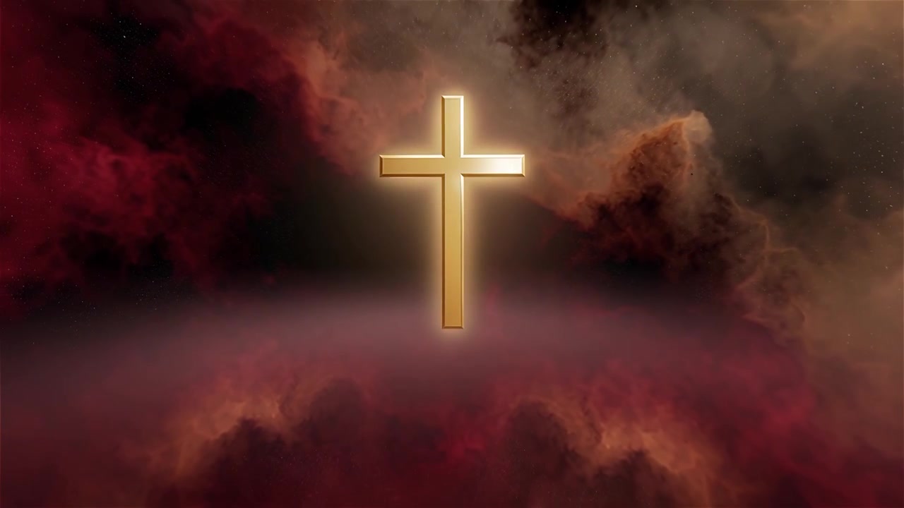 Croix chrétienne, lumière céleste, fond de culte.