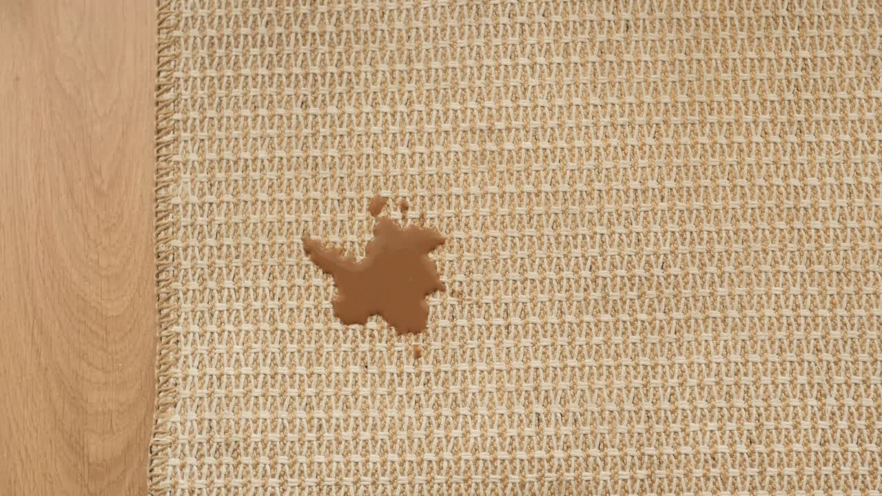 A brown liquid spill on a woven rug next to a wooden floor