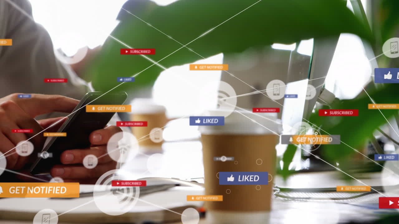 스마트 폰을 사용하여 사람 위의 아이콘과 연결 네트워크의 애니메이션