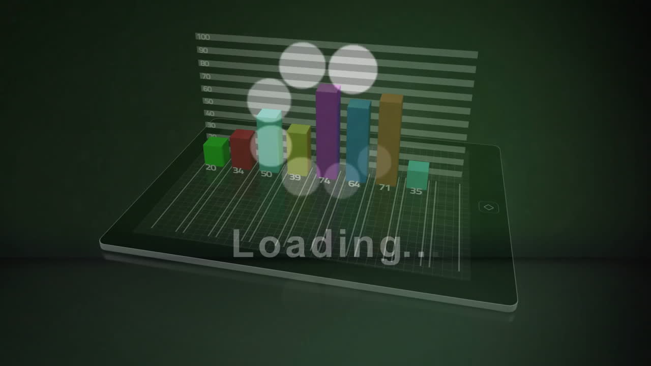 carga de animación de texto sobre gráfico de barras 3d en la pantalla de la tableta