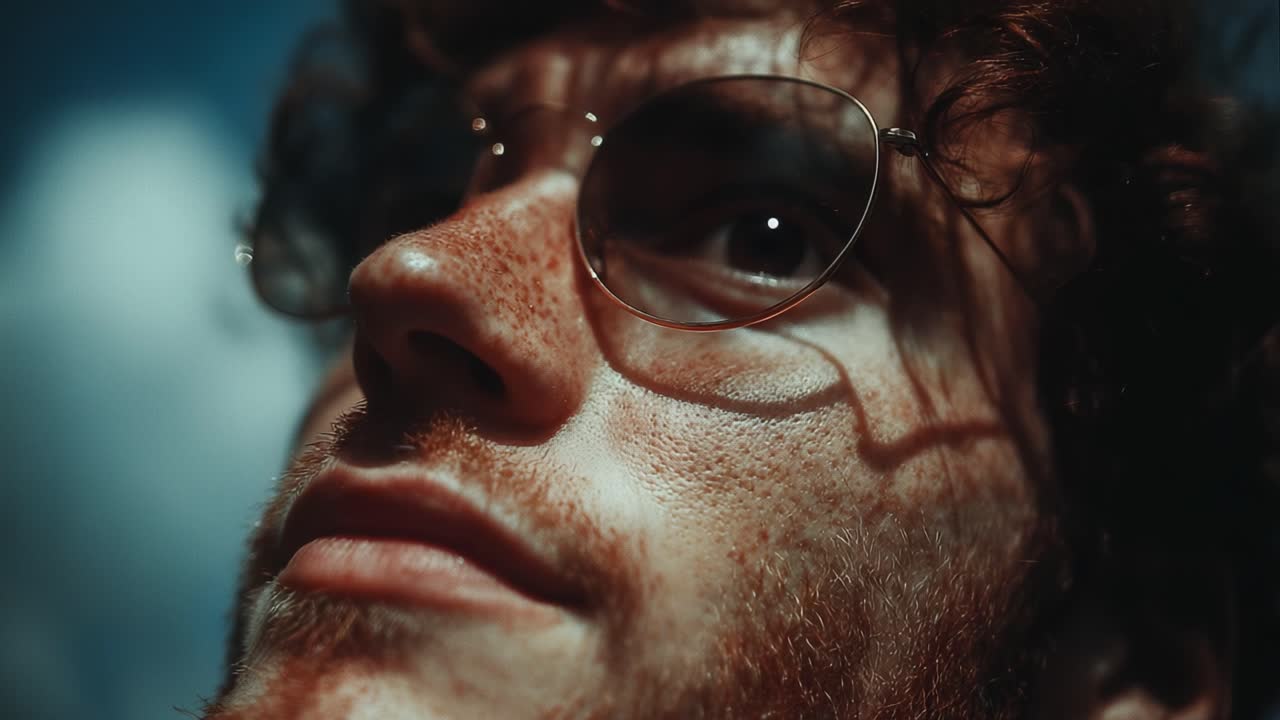 A Close-Up Portrait of a Young Man with Freckles and Stylish Round Sunglasses Soaking in the Sunlight, Capturing an Introspective Moment in Nature