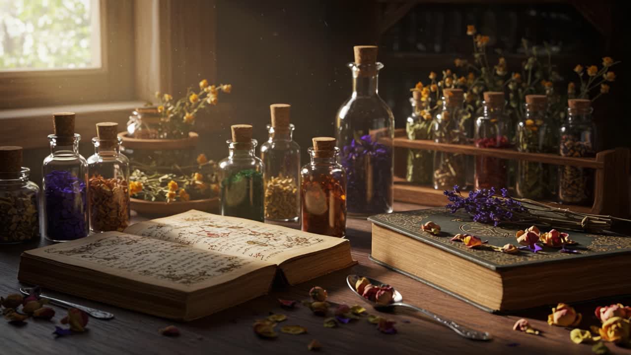 A Captivating Still-Life of Antique Books and Herbal Bottles - An Enchanted Workspace Filled with Nature’s Beauty and Craftsmanship