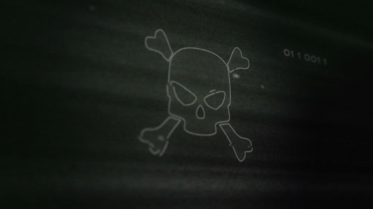 animación de interferencia sobre el icono del cráneo, el procesamiento de datos y la placa de circuitos informáticos