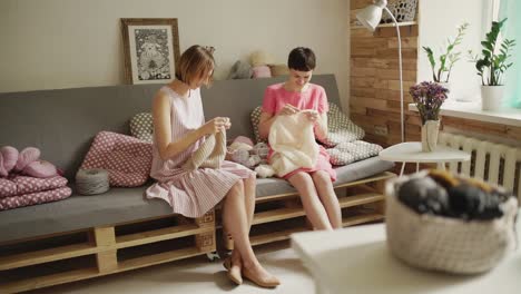 Two-woman-friends-smiling-and-knitting-wool-clothes-in-home-room