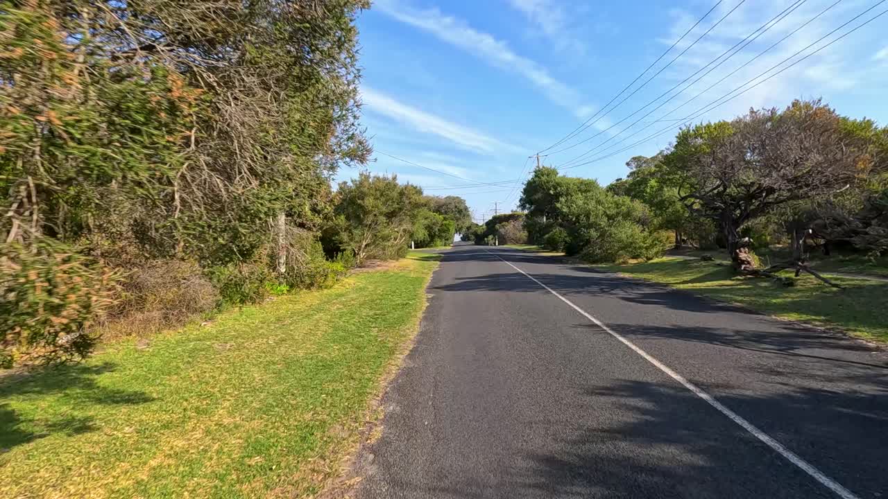A tranquil drive along sunlit, tree-lined roads in Point Lonsdale, showcasing lush greenery and clear blue skies