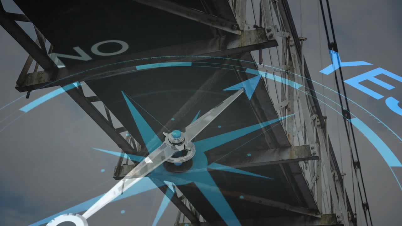 다리 위에 예와 없음 텍스트와 함께 나침반의 애니메이션