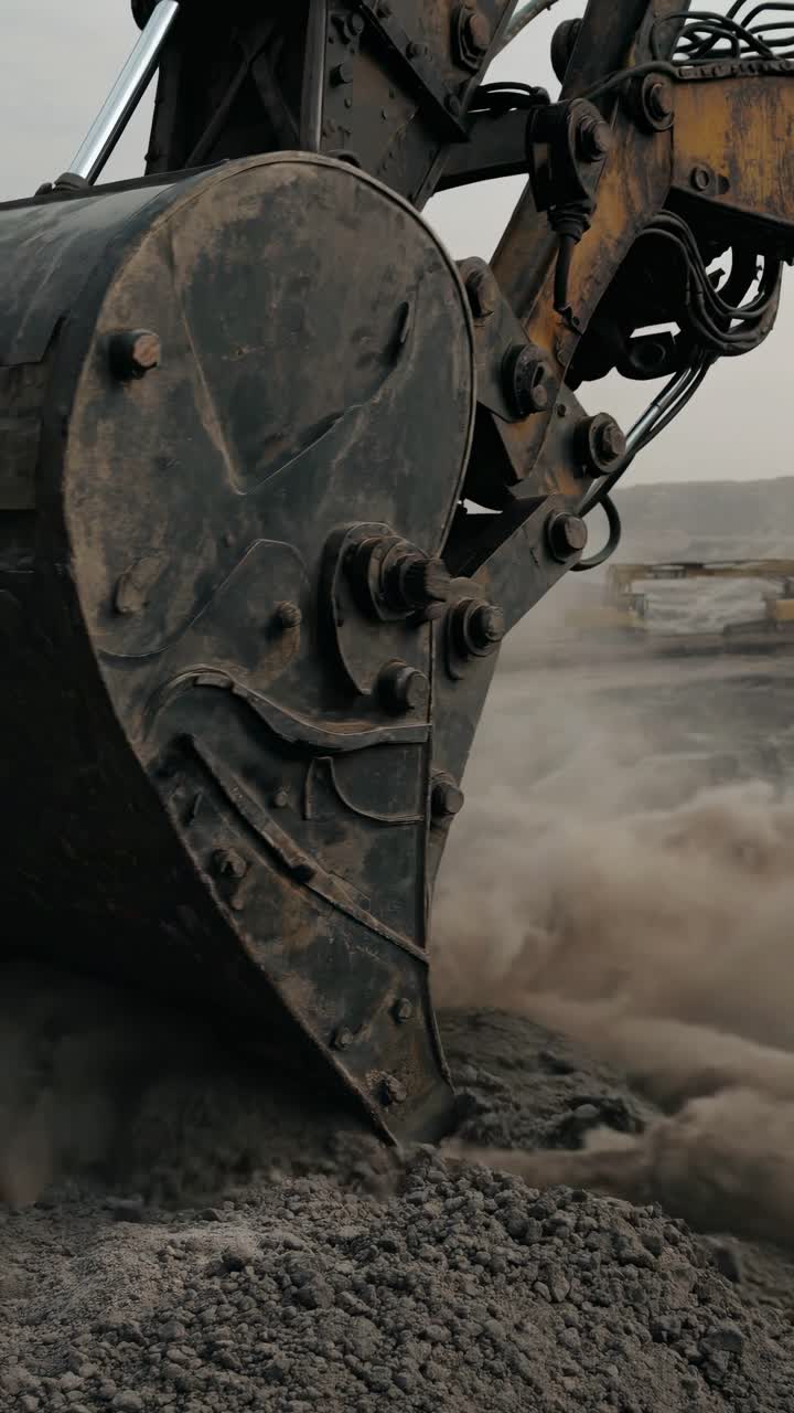 Close-up, low-angle shot of an excavator's bucket digging into soil, capturing the raw power