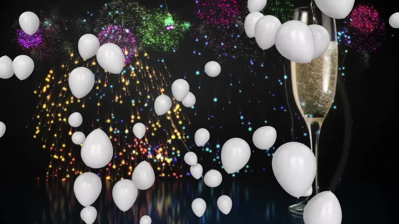 Animatie van witte ballonnen met vuurwerk en champagne op zwarte achtergrond