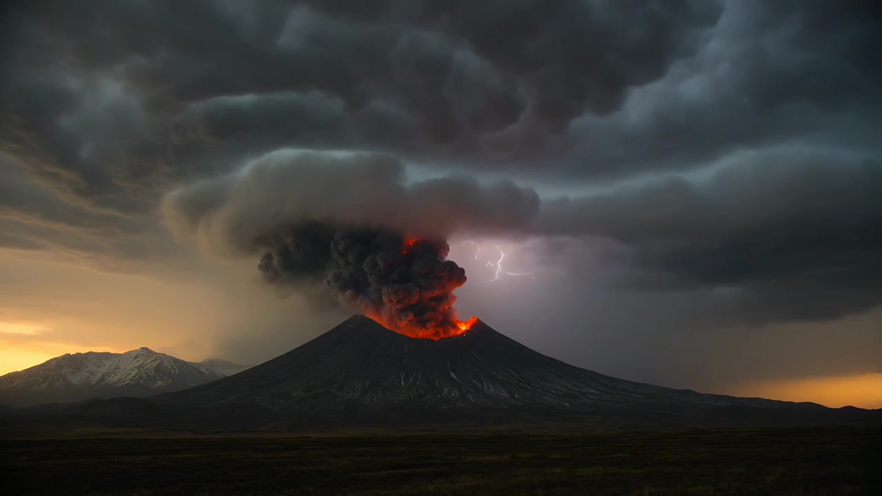 Entrando em erupção após um aumento de magma, estratovulcão ao anoitecer emitindo lava incandescente e pluma de cinzas com raios.