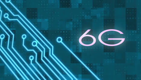 animation of 6g text over computer circuit board elements and blue flashing squares