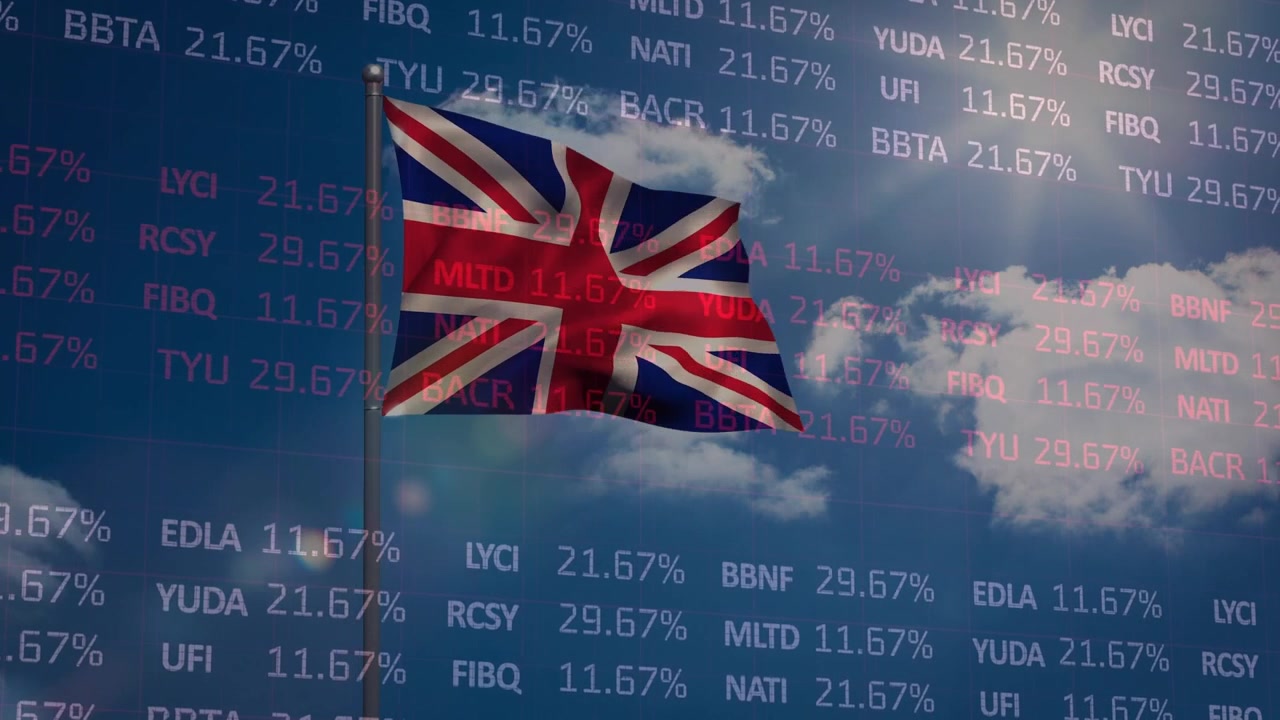 Animazione della bandiera della Gran Bretagna su dati finanziari e nuvole.