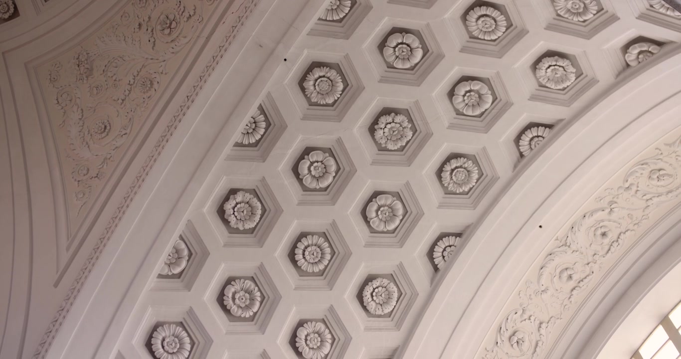Ornate coffered ceiling with floral motifs inside Imperia Basilica, Italian Riviera