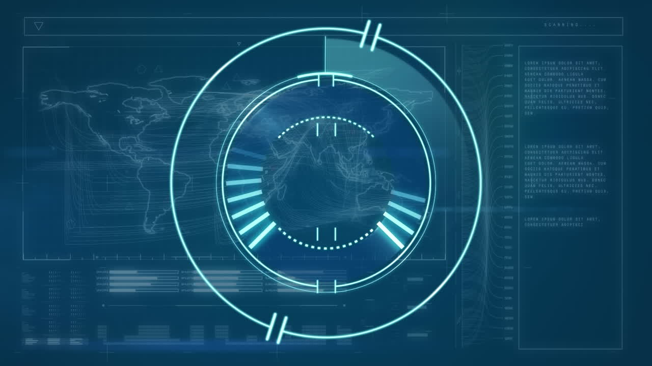animación del escaneo del alcance, el procesamiento de datos y estadísticas sobre el mapa del mundo en la pantalla