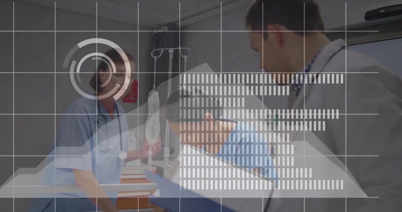Medical Team Attending to Patient in Hospital Room with Data Overlay