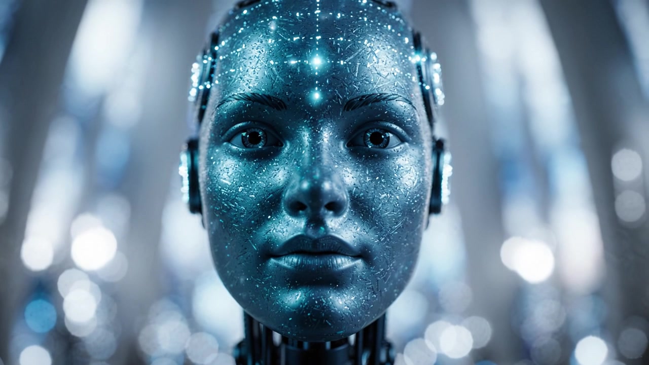Futuristic robotic face design showcasing intricate patterns and luminous details, embodying advanced technology and artificial intelligence concepts in a captivating visual format.